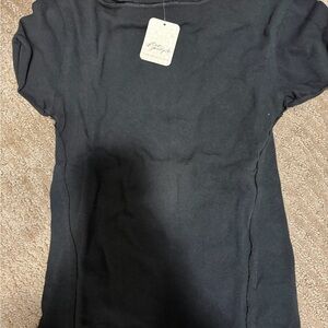 Free People Black Short Sleeve Seam-Accent Tee
